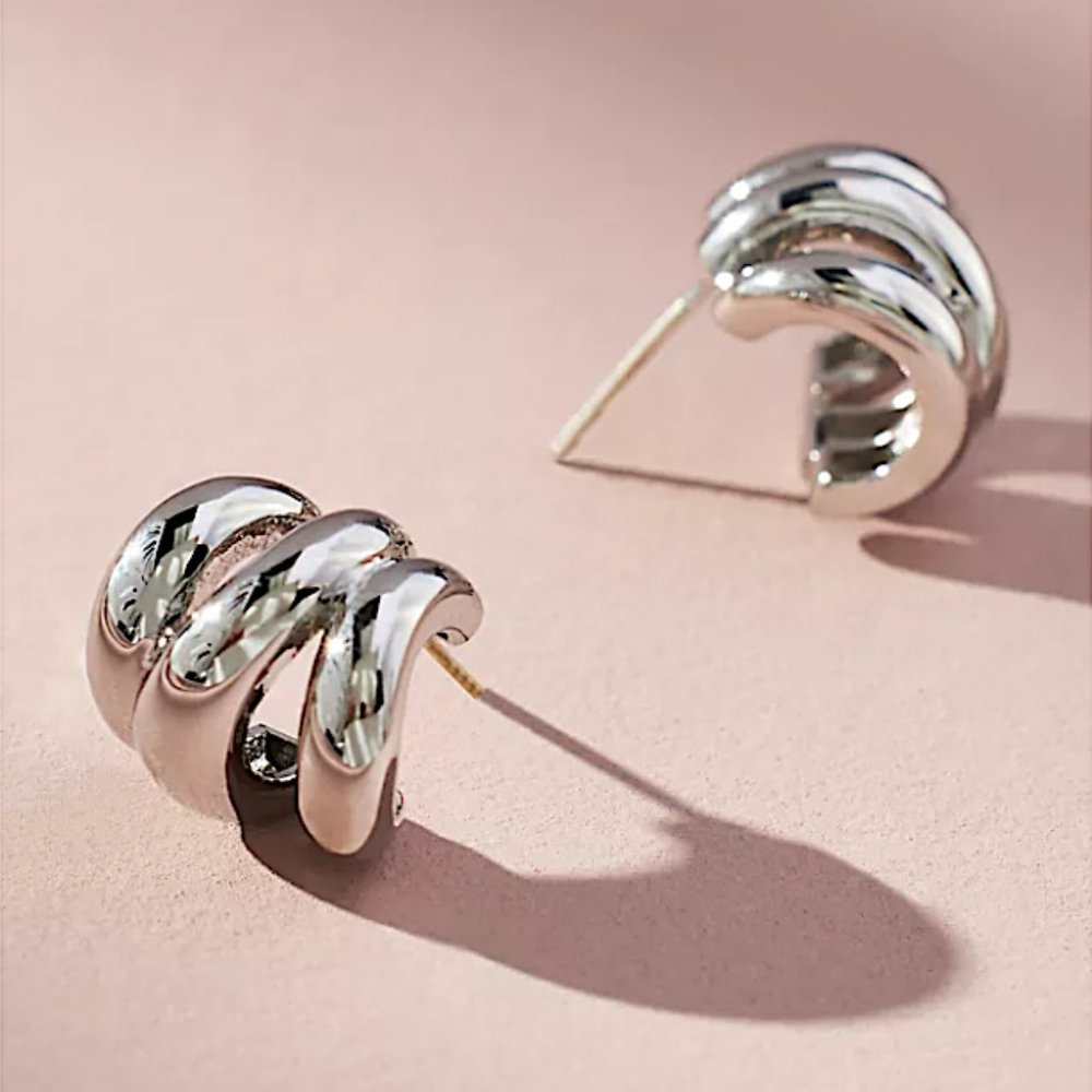 NEW ~ Anthropologie Stacked Mini Silver Huggie Hoop Earrings